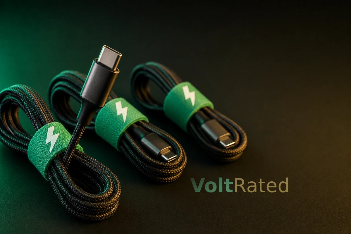Several braided USB-C cables coiled on a dark surface, one connector turned to show the 240W power rating logo etched into the housing