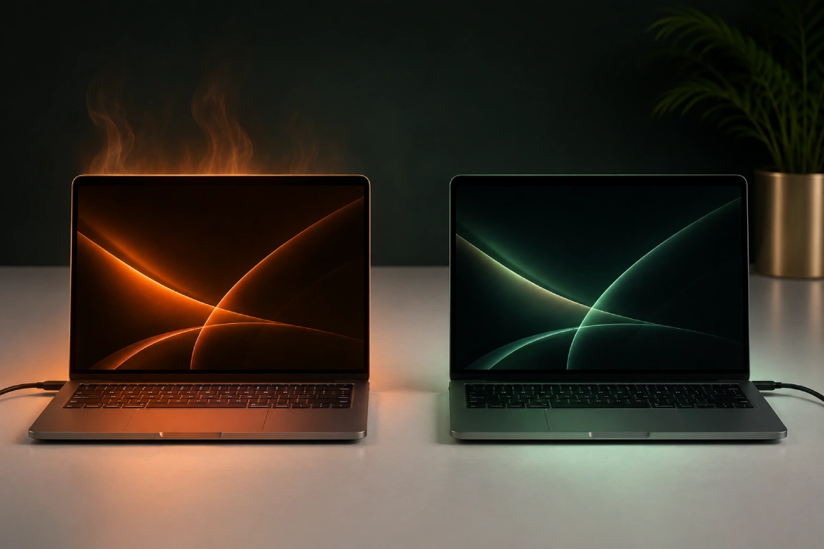 A warm laptop with heat shimmer rising from it beside a cool one, illustrating how temperature ages a lithium battery