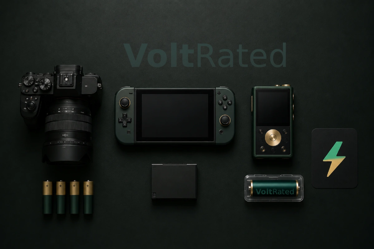 A camera, a handheld game console, and a portable media player arranged with the different battery types each one uses