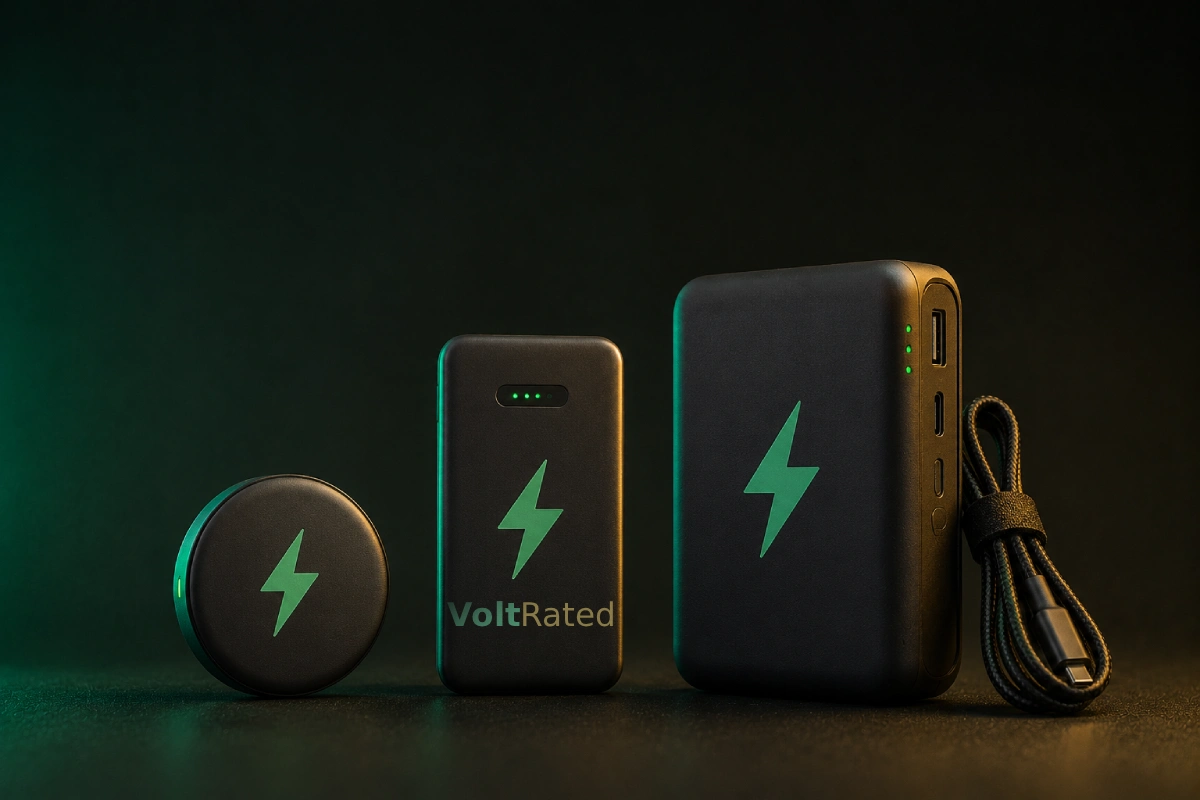 Three power banks side by side on a dark surface: a small keychain-sized charger, a slim 10,000mAh bank with a digital display, and a large multi-port unit with a USB-C cable attached