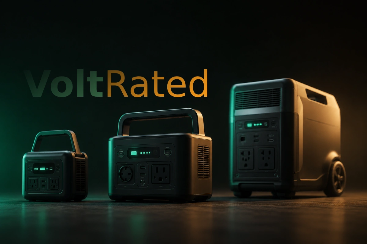 Three portable power stations of increasing size side by side on a dark surface, from a small carry-handle unit to a large wheeled battery