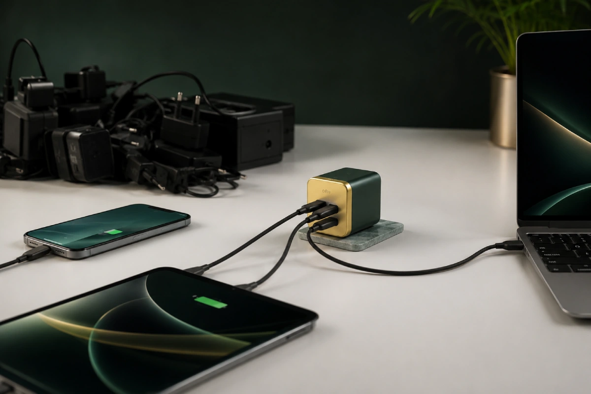 A single compact USB-C GaN charger with several cables running to a phone, tablet, and laptop, replacing a pile of mismatched old bricks