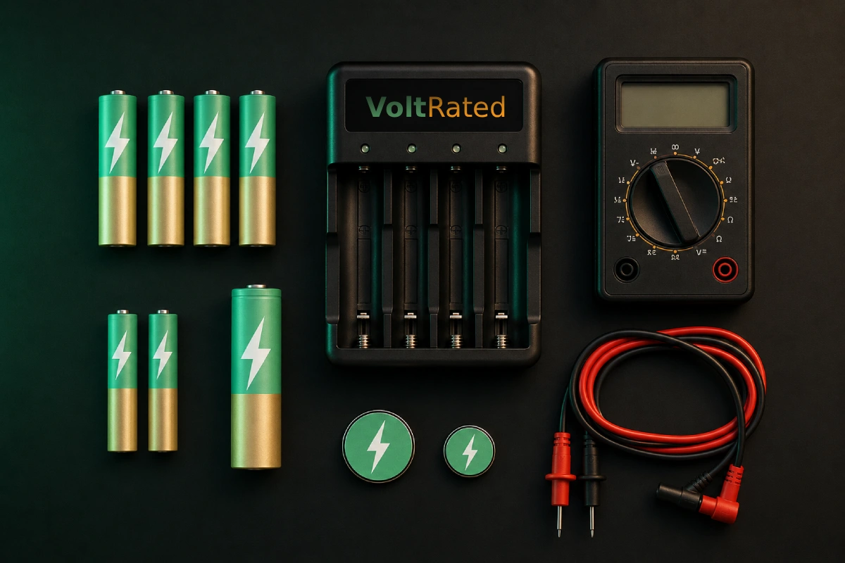 An overhead workbench flat-lay of VoltRated rechargeable cells in green-and-gold livery, each marked with a white lightning bolt, laid out beside a four-bay smart charger and a multimeter